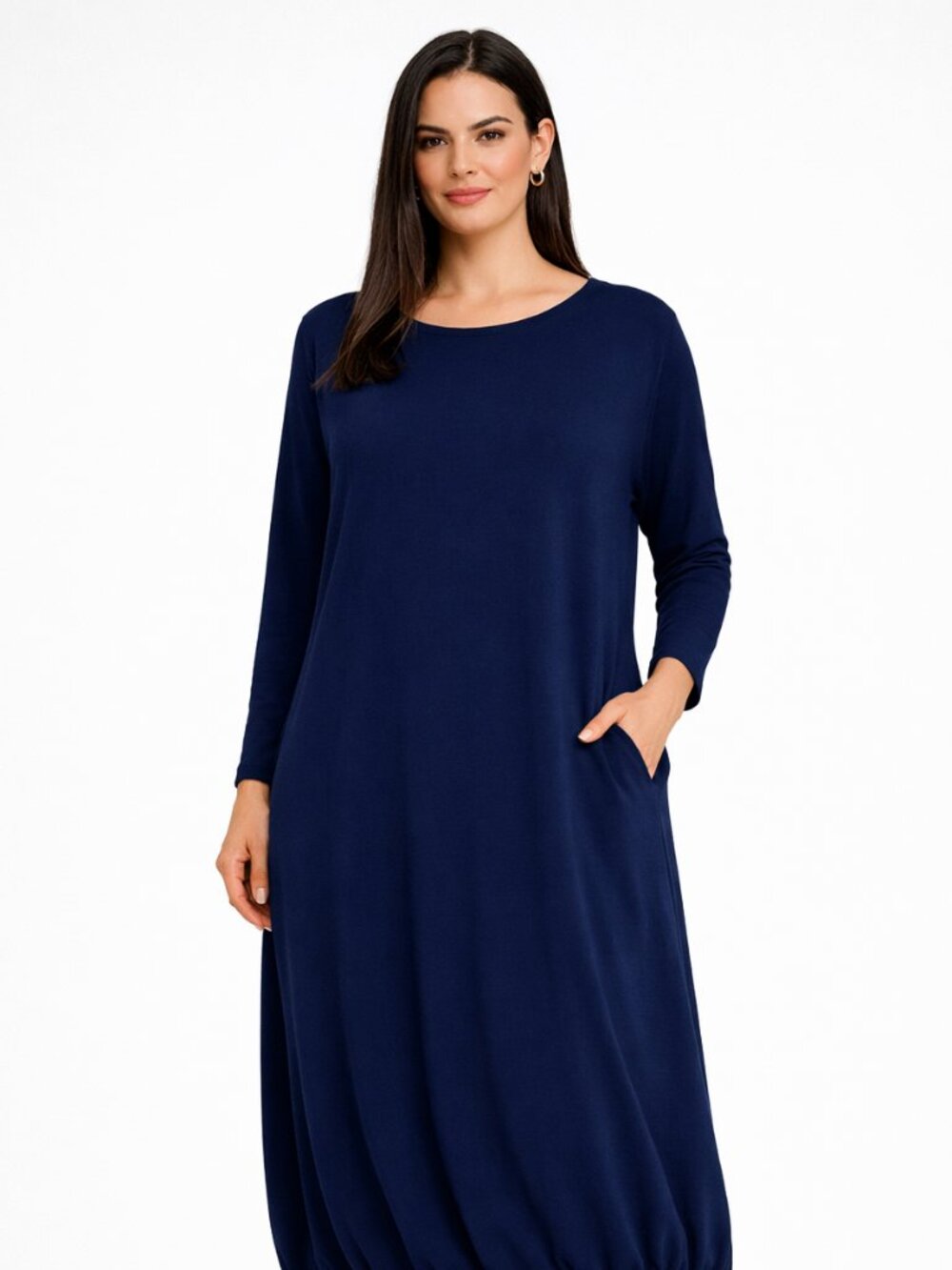 Long Navy Dress with Open Front Slit and Long Sleeves (E11)